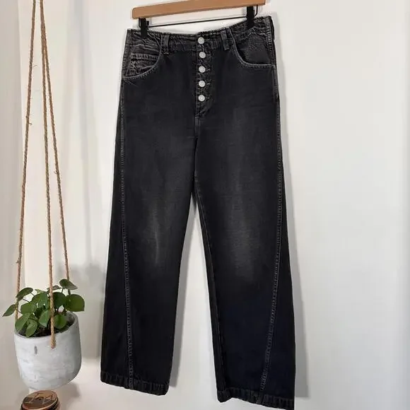 AMO Dock Pant 28 Vintage Black Wide Leg Jeans High Rise Button Fly
